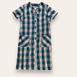 Blue teal front button vintage 60s 70s 80s plaid floral detail housedress vtg 12